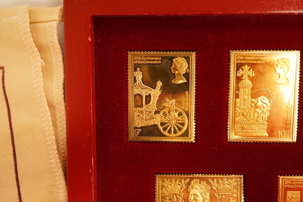 Hallmark Collections, 'The Coronation Issue 1953-1978' Collection of seven silver gilt replica stamps, in case with certificate